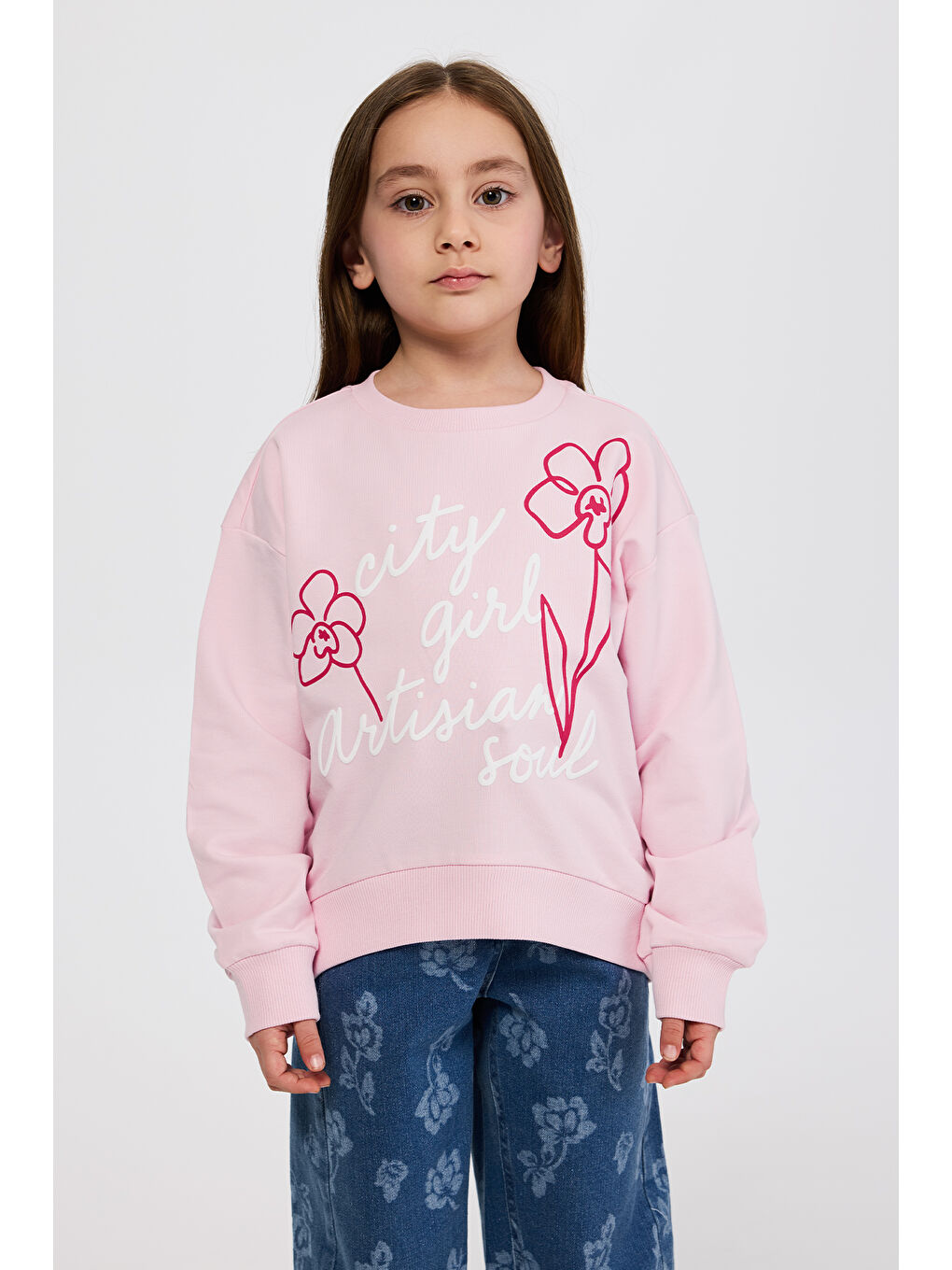 Kız Çocuk Nakışlı Pembe Sweatshirt-5