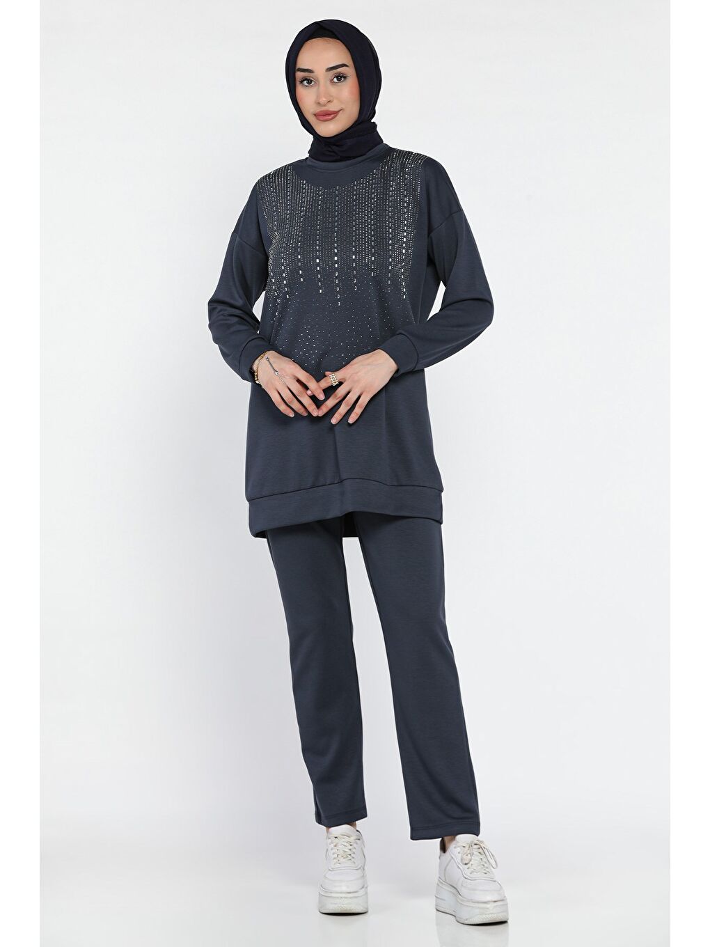 İndigo Büyük Beden Taşlı Tesettür Tunik Pantolon İkili Takım-2