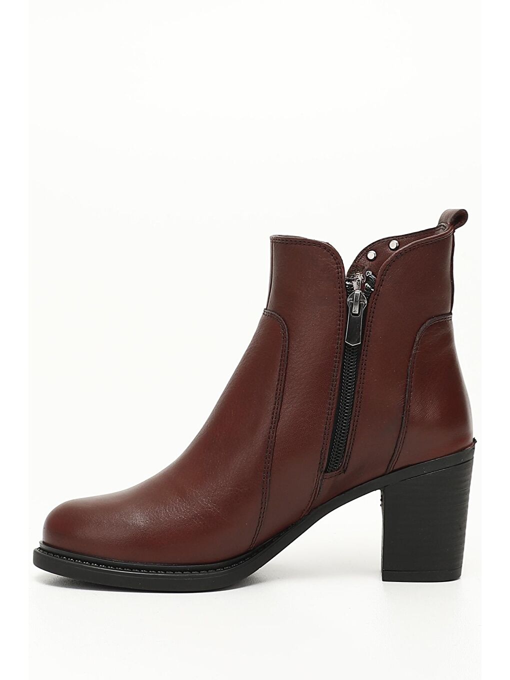 Bordo BORDO  Hakiki Deri Yuvarlak Burun Topuklu Fermuarlı Püsküllü Kadın Günlük Bot 39472-2