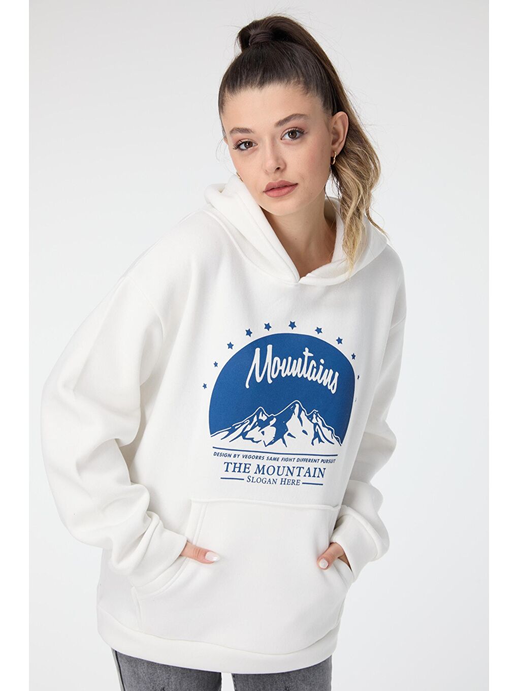 Kapüşonlu Yaka Kadın Beyaz Sweat - 23499