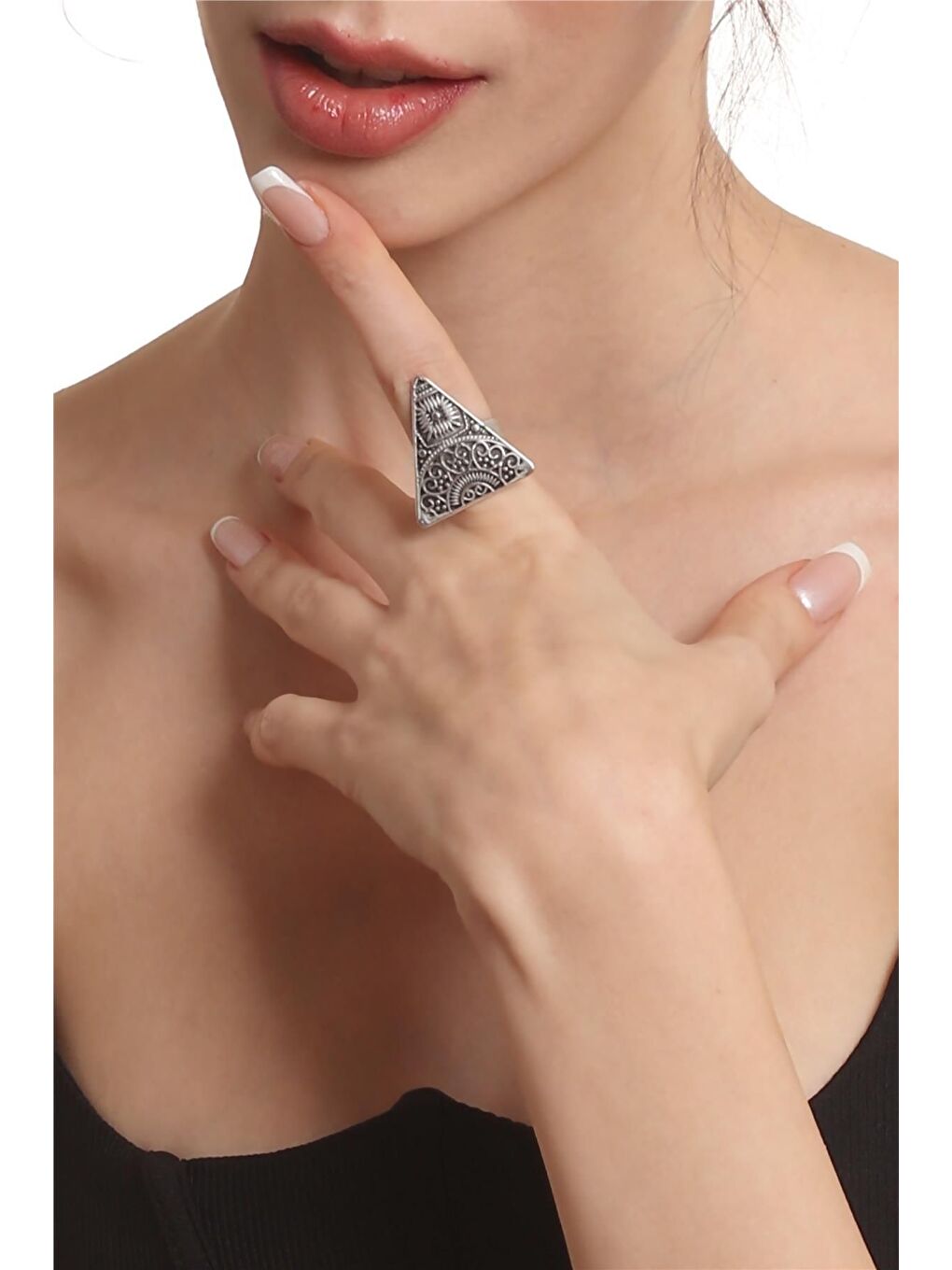 Gri Kadın Antik Gümüş Kaplama Ayarlanabilir Etnik Motif Baskılı Üçgen Yüzük-2