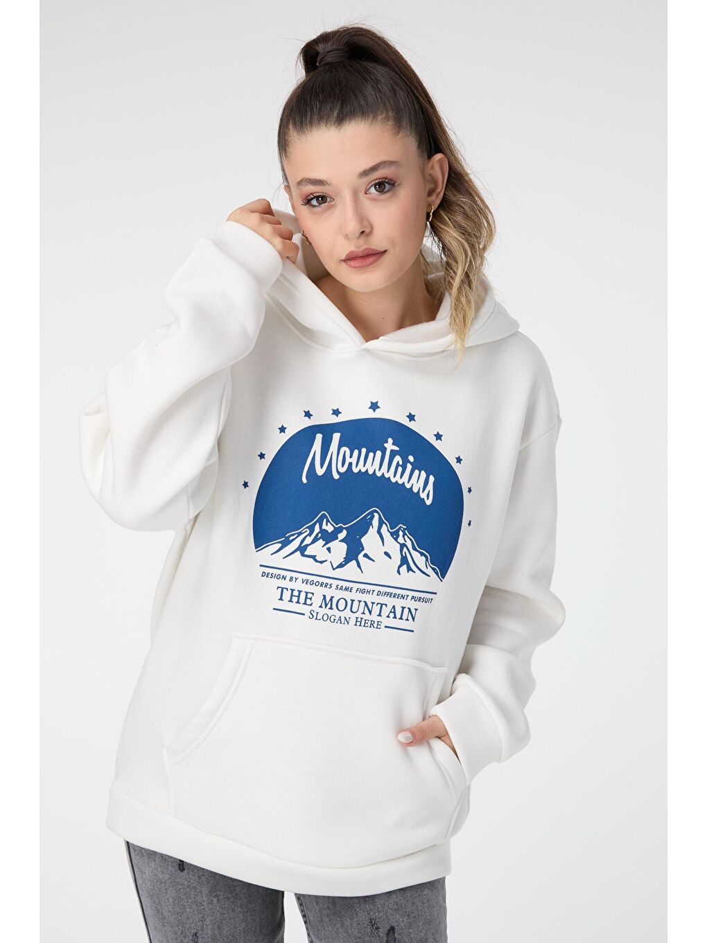 Kapüşonlu Yaka Kadın Beyaz Sweat - 23499-1