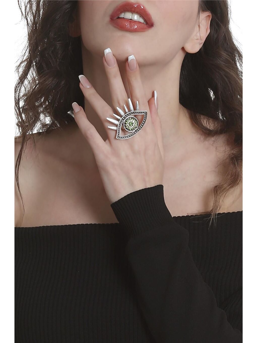 Gri Kadın Antik Gümüş Kaplama Renkli Taşlı Ayarlanabilir Büyük Göz Stilizesi Yüzük-2