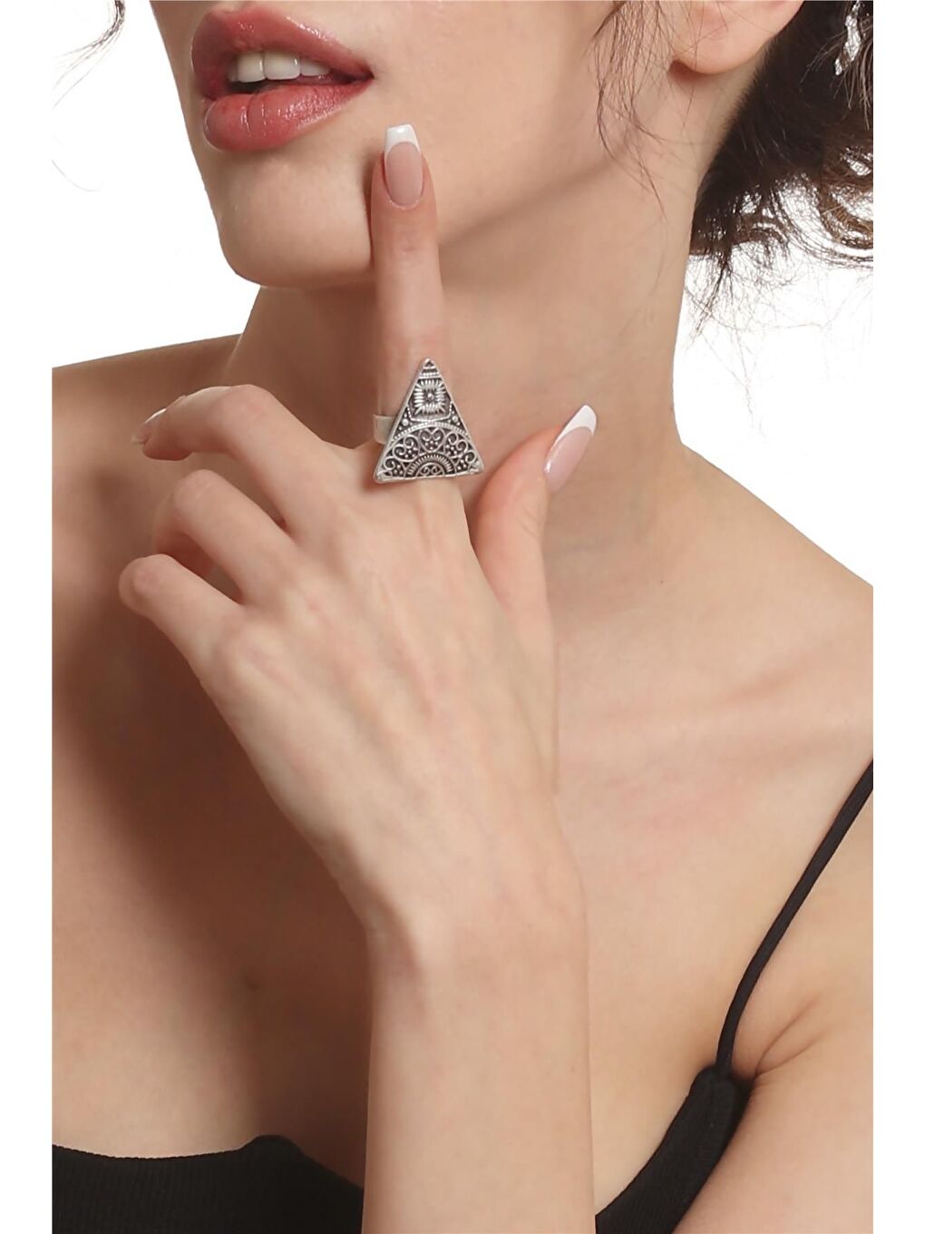 Gri Kadın Antik Gümüş Kaplama Ayarlanabilir Etnik Motif Baskılı Üçgen Yüzük-3