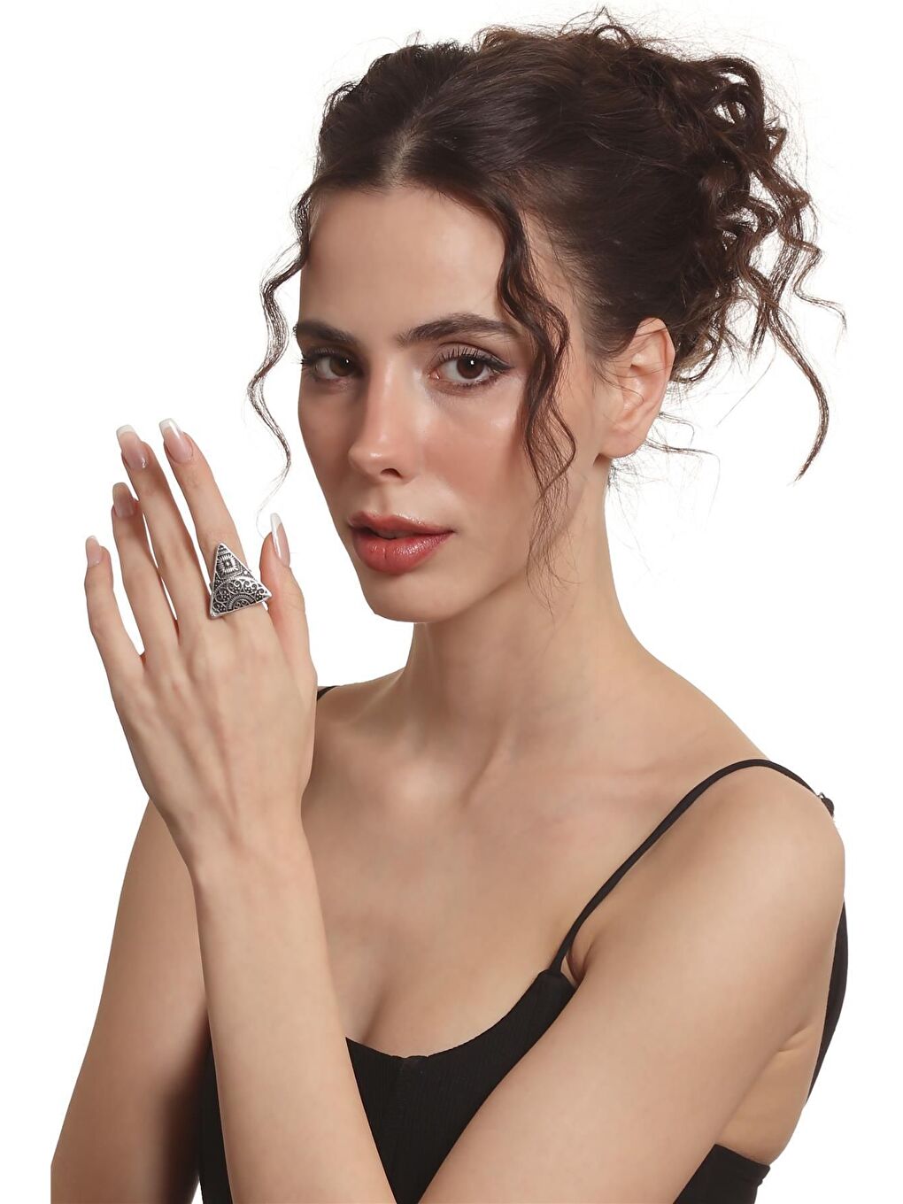 Gri Kadın Antik Gümüş Kaplama Ayarlanabilir Etnik Motif Baskılı Üçgen Yüzük-4