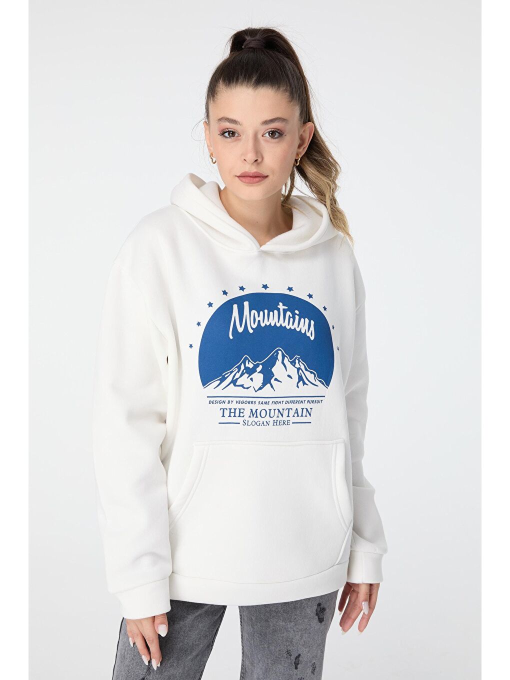 Kapüşonlu Yaka Kadın Beyaz Sweat - 23499-2