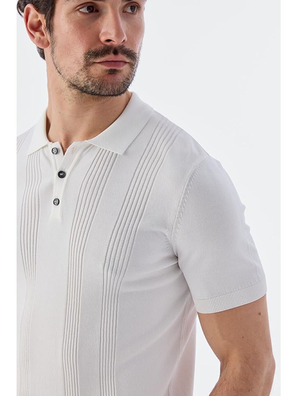 Bej Beyaz Slim Fit Desenli Polo Yaka T-Shirt-2