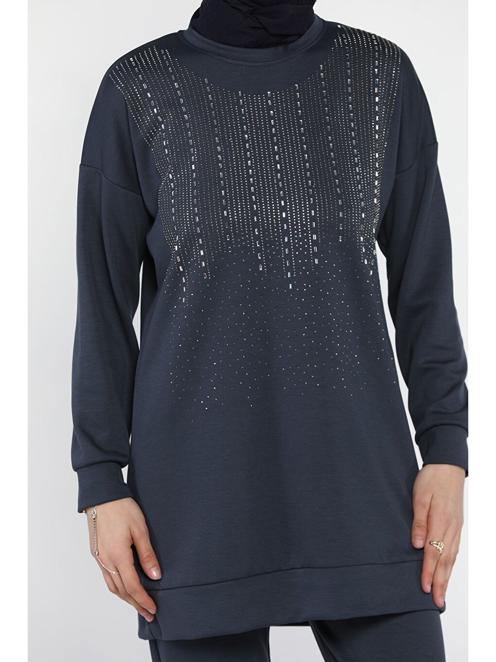 İndigo Büyük Beden Taşlı Tesettür Tunik Pantolon İkili Takım-7