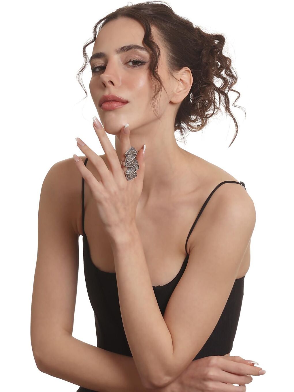 Gri Kadın Antik Gümüş Kaplama Ayarlanabilir Geometrik Parçalı Tasarım Yüzük-6