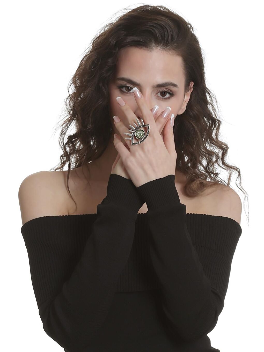 Gri Kadın Antik Gümüş Kaplama Renkli Taşlı Ayarlanabilir Büyük Göz Stilizesi Yüzük-3