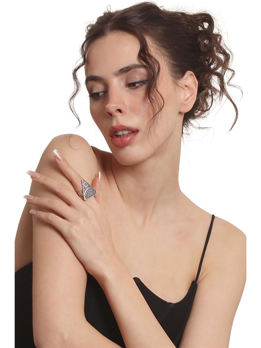 Gri Kadın Antik Gümüş Kaplama Ayarlanabilir Etnik Motif Baskılı Üçgen Yüzük-5