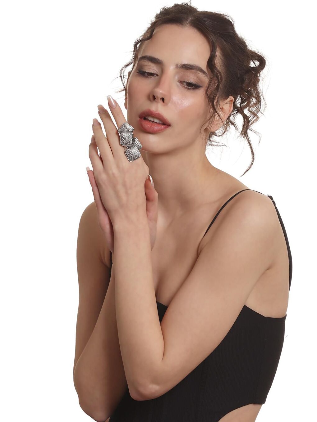 Gri Kadın Antik Gümüş Kaplama Ayarlanabilir Geometrik Parçalı Tasarım Yüzük-7