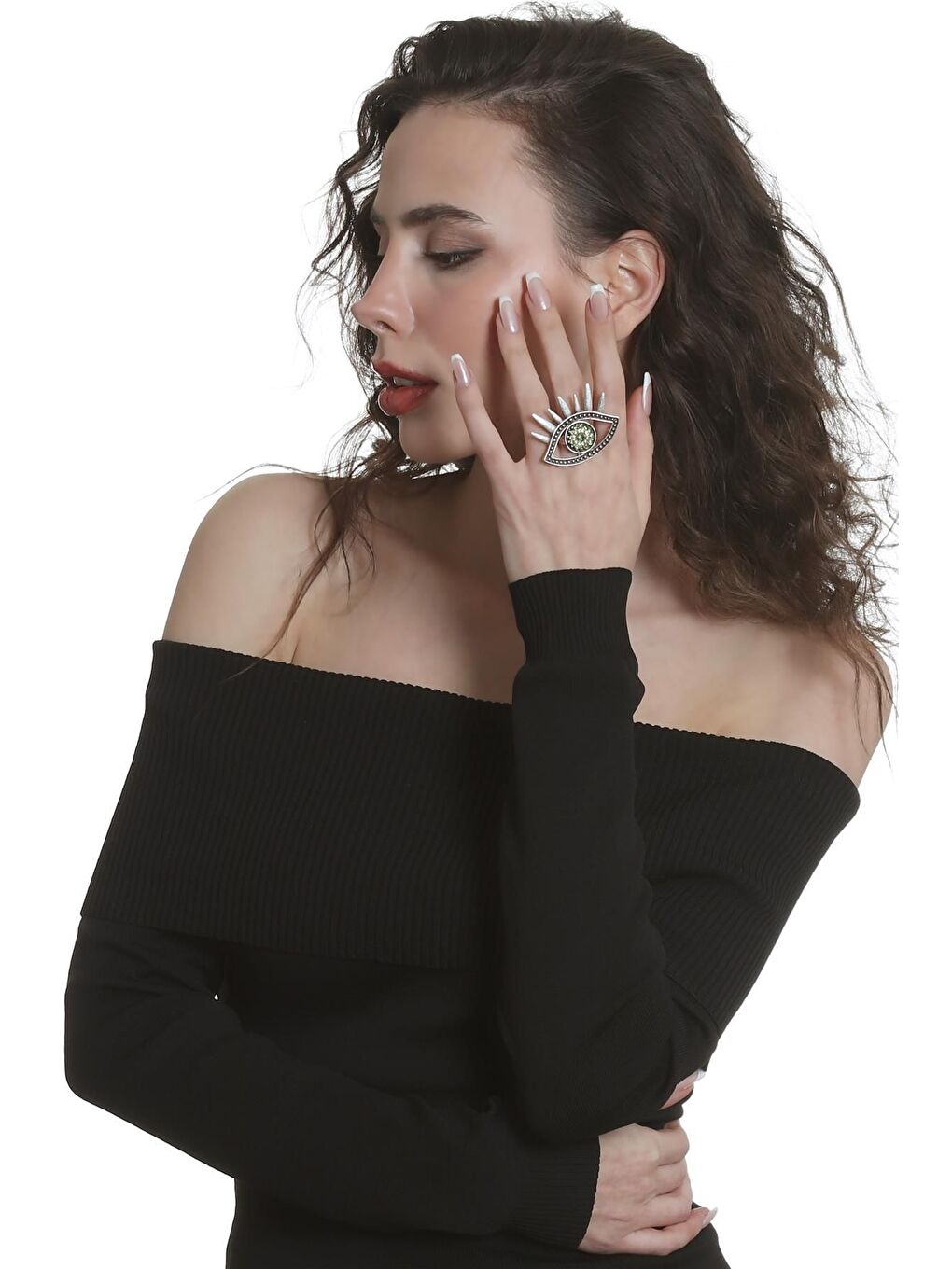 Gri Kadın Antik Gümüş Kaplama Renkli Taşlı Ayarlanabilir Büyük Göz Stilizesi Yüzük-4