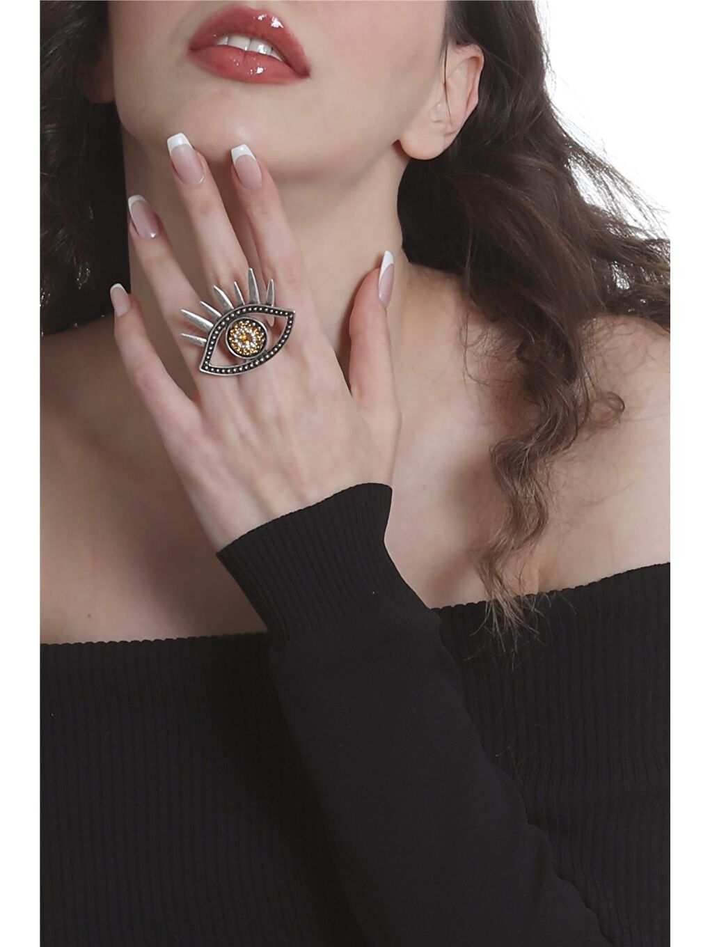 Gri Kadın Antik Gümüş Kaplama Renkli Taşlı Ayarlanabilir Büyük Göz Stilizesi Yüzük-2