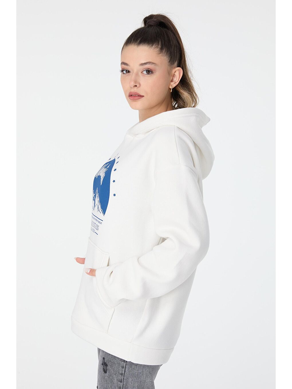 Kapüşonlu Yaka Kadın Beyaz Sweat - 23499-3