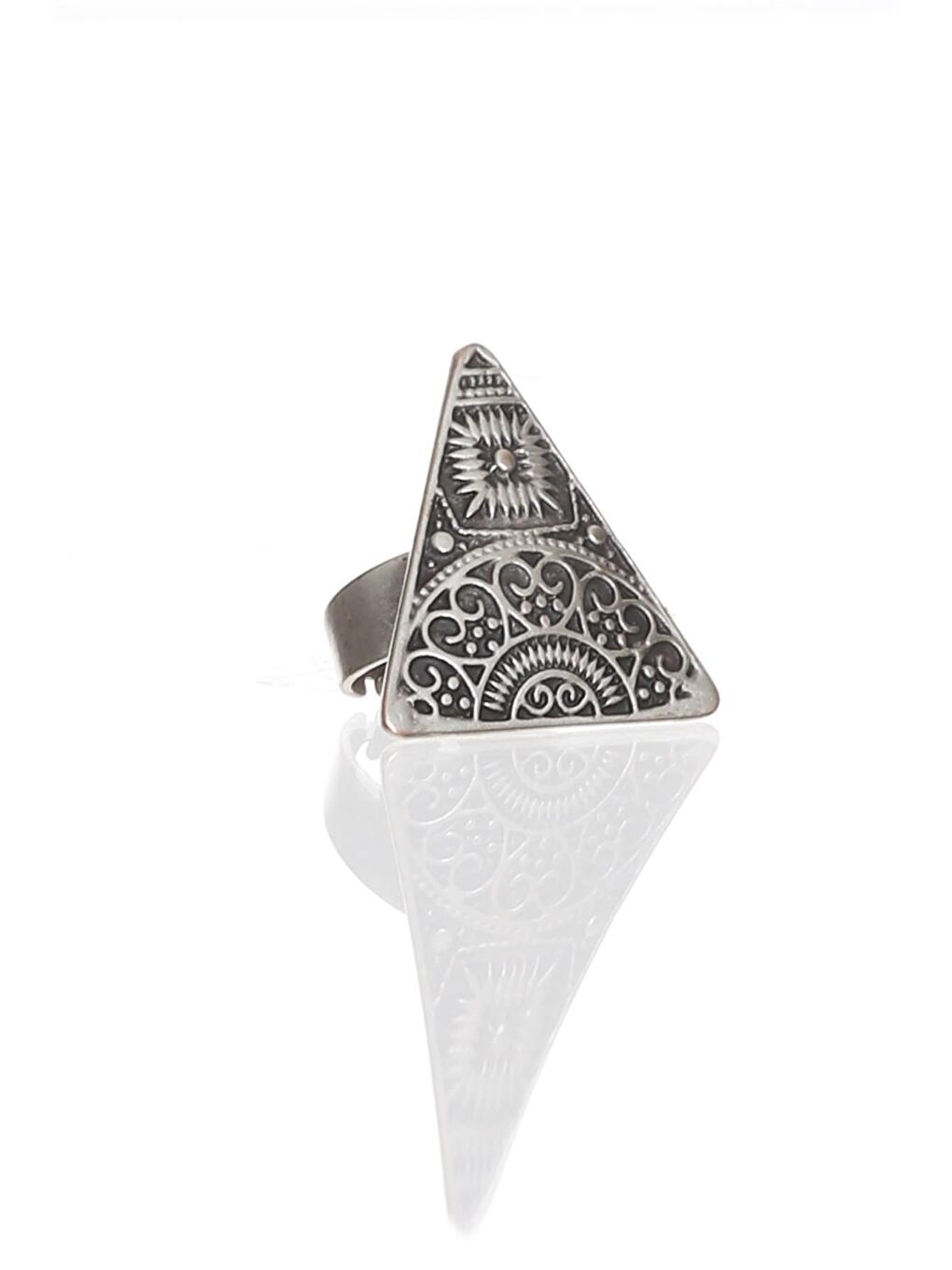 Gri Kadın Antik Gümüş Kaplama Ayarlanabilir Etnik Motif Baskılı Üçgen Yüzük