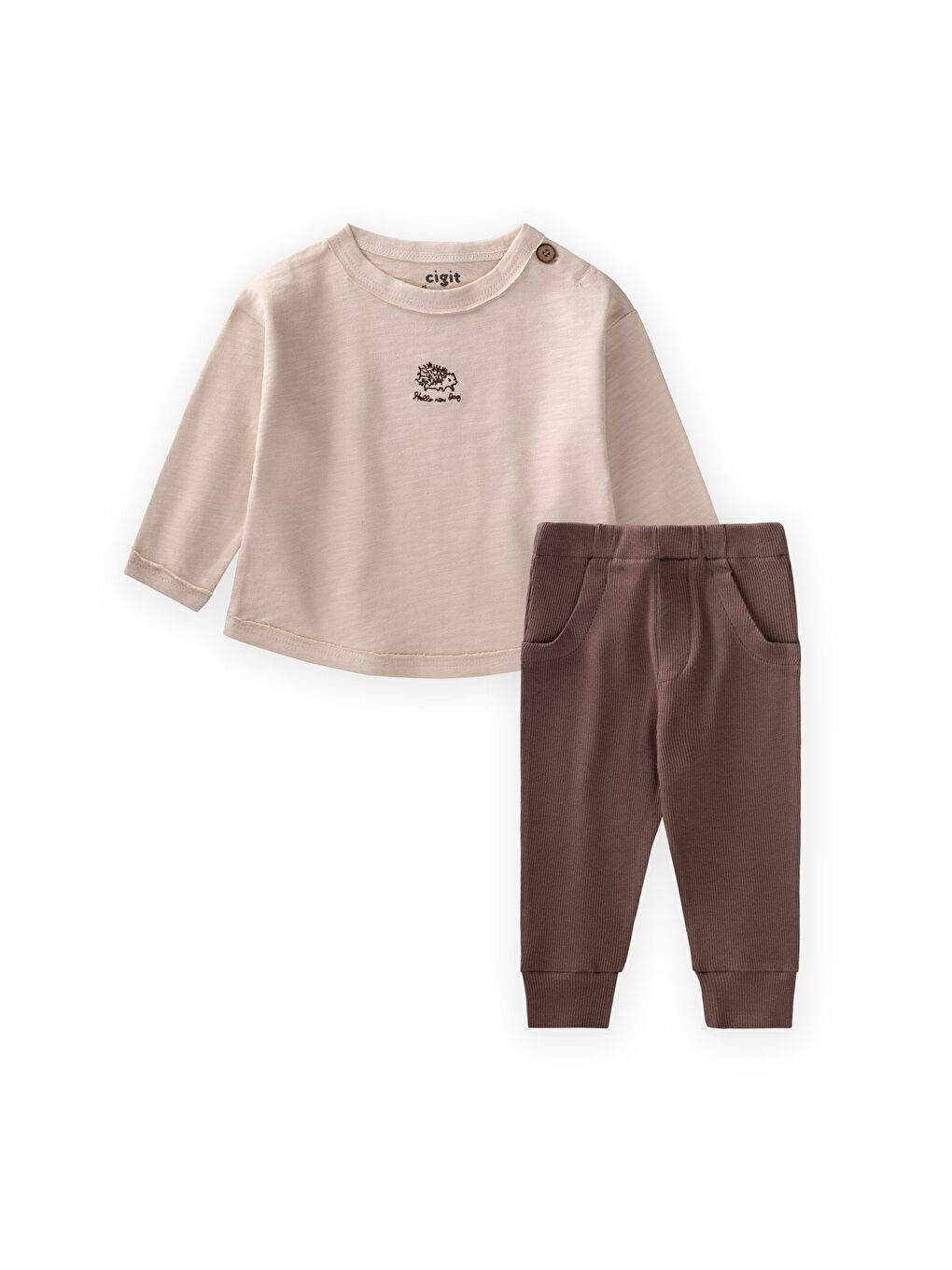 Nakışlı Uzun Kollu Bebek Takım 0-3 Yaş Bej
