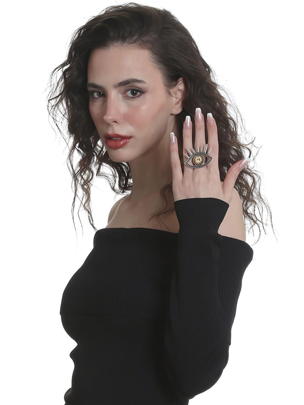 Gri Kadın Antik Gümüş Kaplama Renkli Taşlı Ayarlanabilir Büyük Göz Stilizesi Yüzük-4