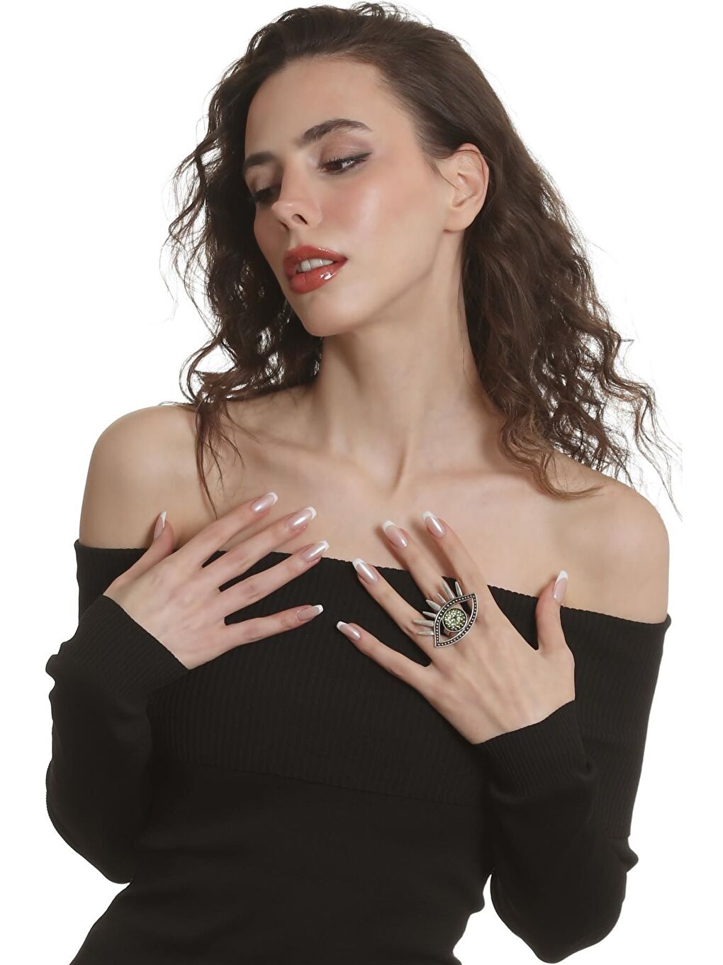 Gri Kadın Antik Gümüş Kaplama Renkli Taşlı Ayarlanabilir Büyük Göz Stilizesi Yüzük-5
