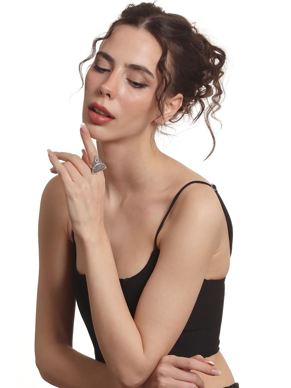 Gri Kadın Antik Gümüş Kaplama Ayarlanabilir Etnik Motif Baskılı Üçgen Yüzük-6