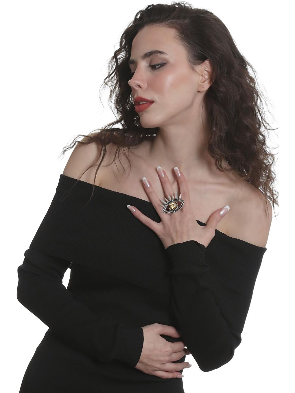 Gri Kadın Antik Gümüş Kaplama Renkli Taşlı Ayarlanabilir Büyük Göz Stilizesi Yüzük-5