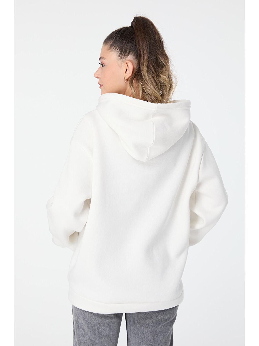 Kapüşonlu Yaka Kadın Beyaz Sweat - 23499-4