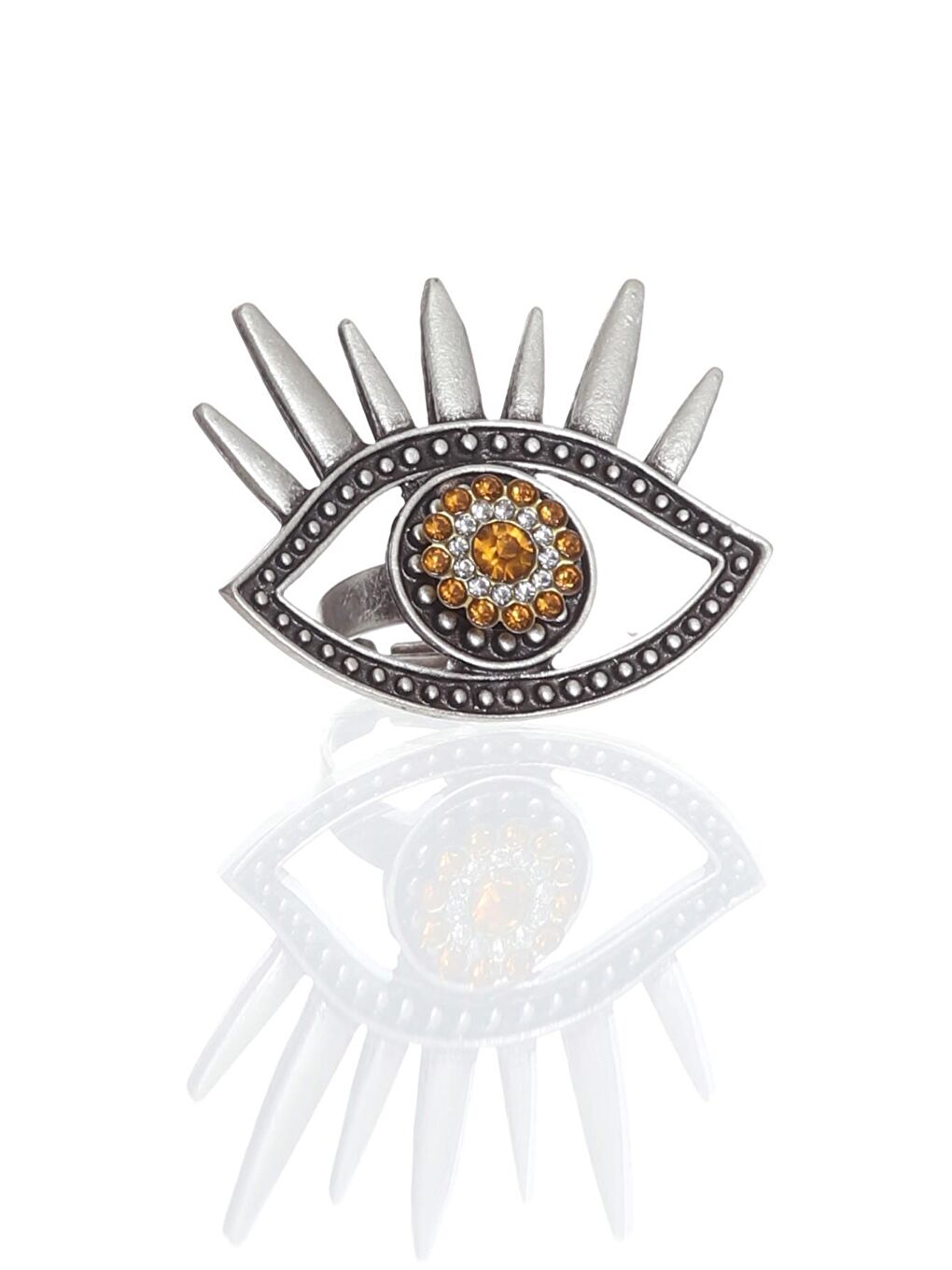 Gri Kadın Antik Gümüş Kaplama Renkli Taşlı Ayarlanabilir Büyük Göz Stilizesi Yüzük