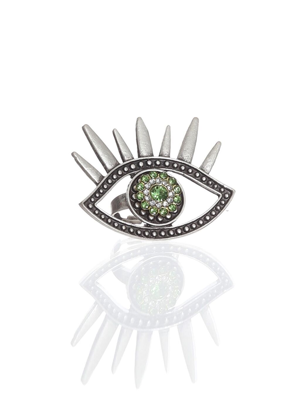 Gri Kadın Antik Gümüş Kaplama Renkli Taşlı Ayarlanabilir Büyük Göz Stilizesi Yüzük