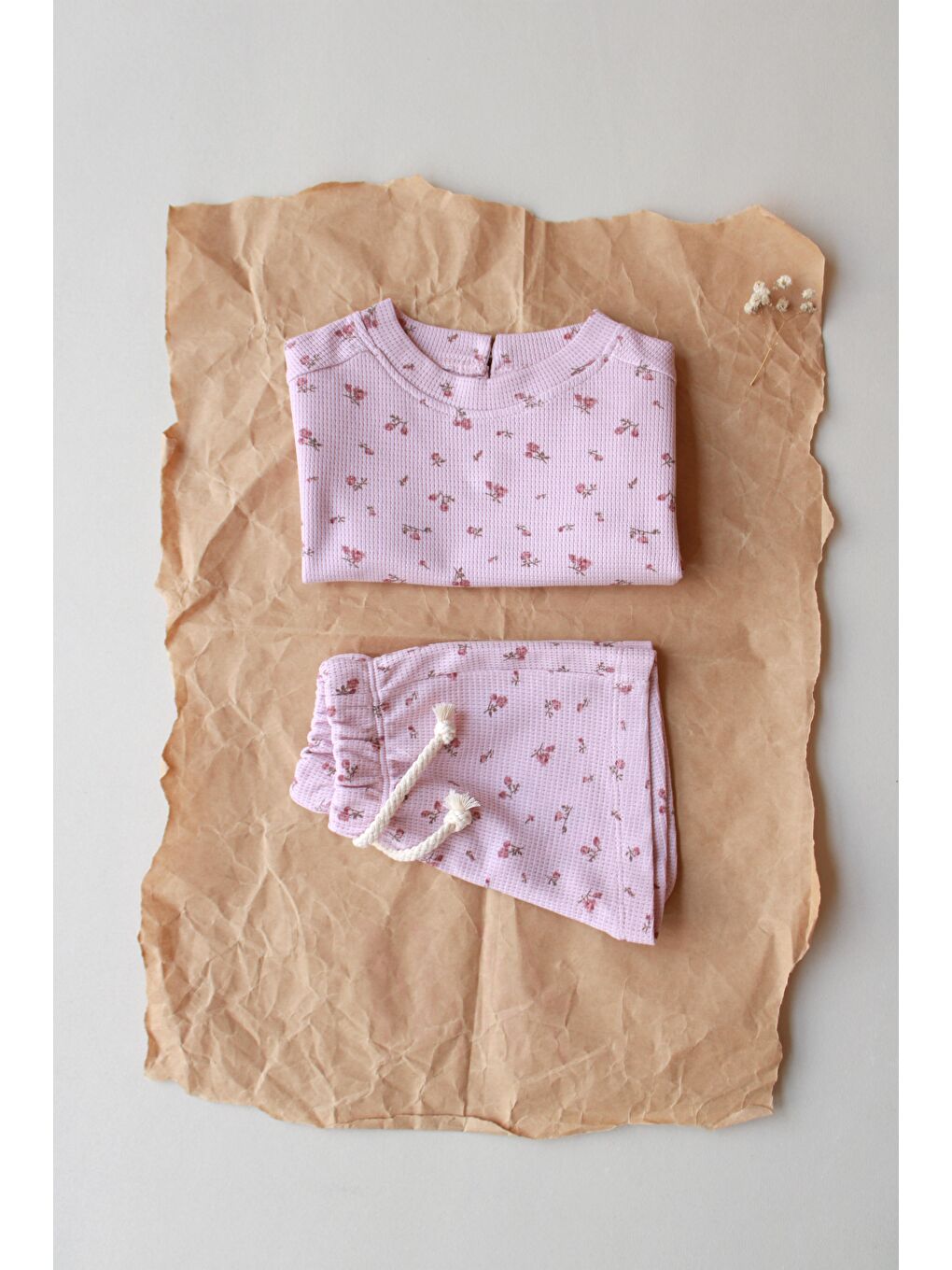 Pembe Çiçek Baskılı Waffle Şort Takım-3
