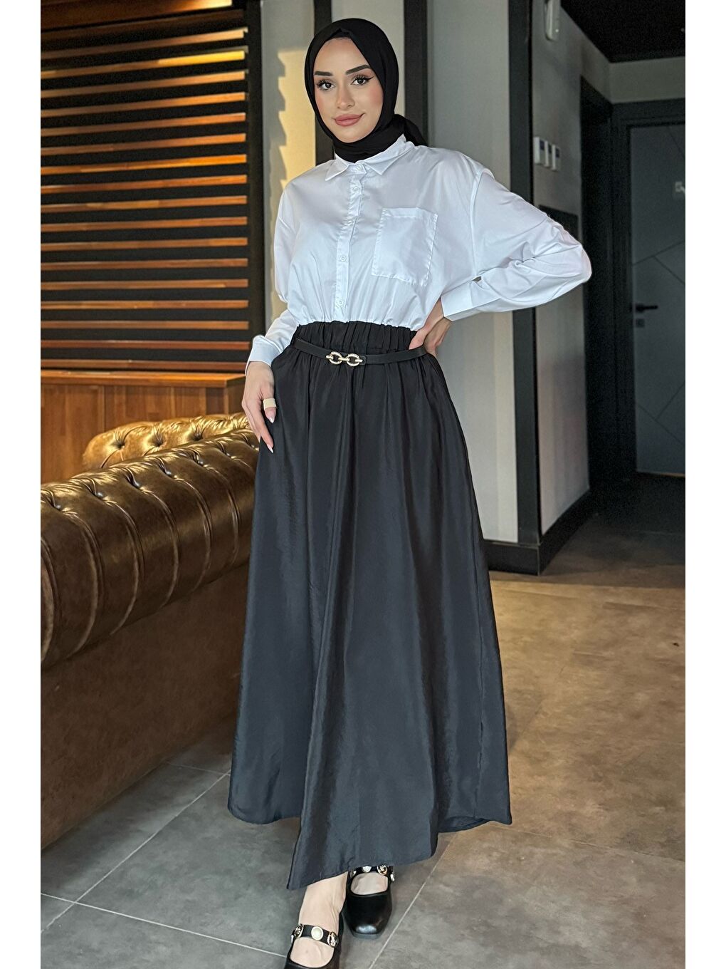 Siyah Cep Detaylı Kemerli Yazlık Tesettür Elbise
