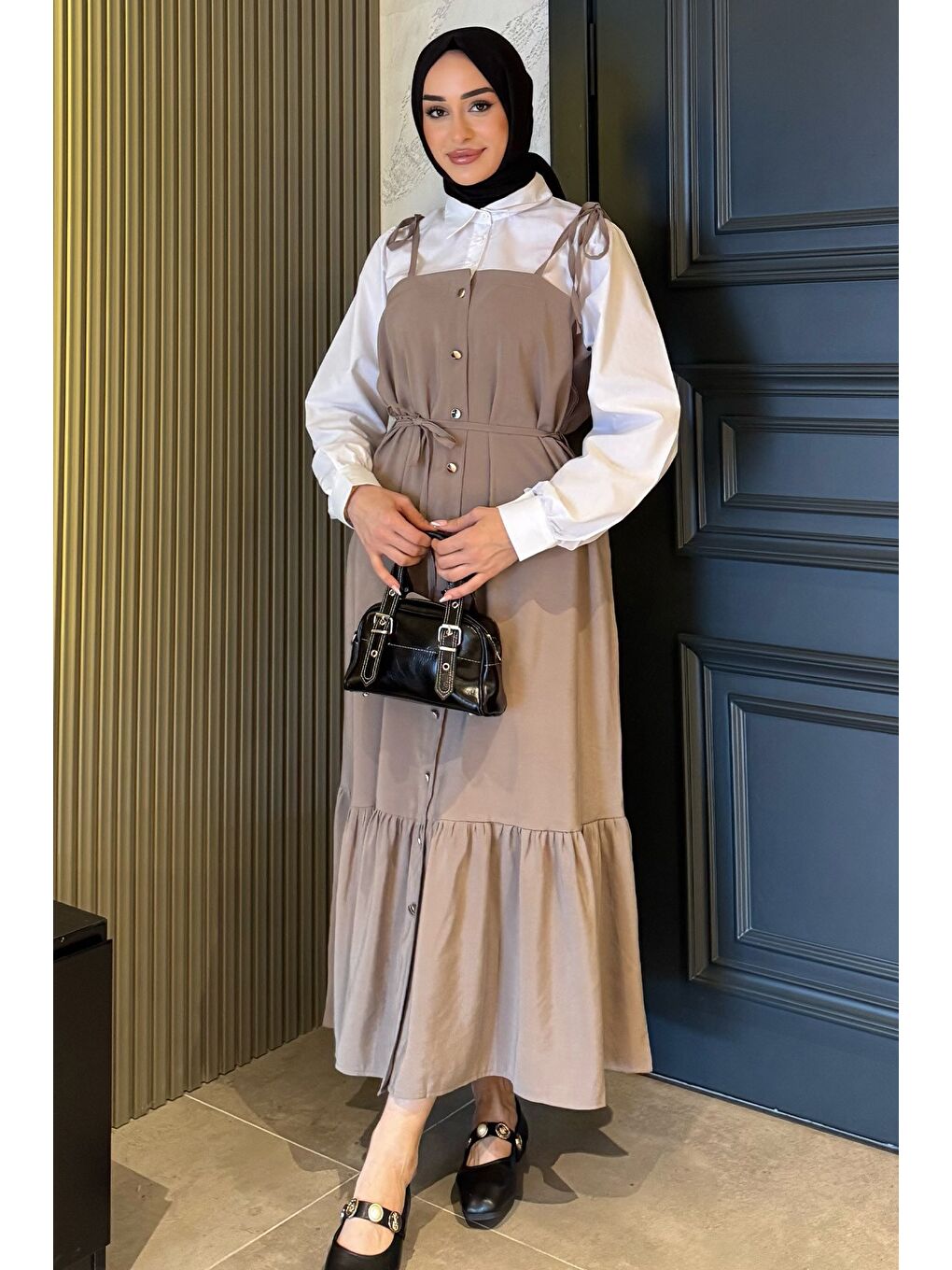 Bej Gömlek Garnili Bağcık Detaylı Tesettür Elbise-3