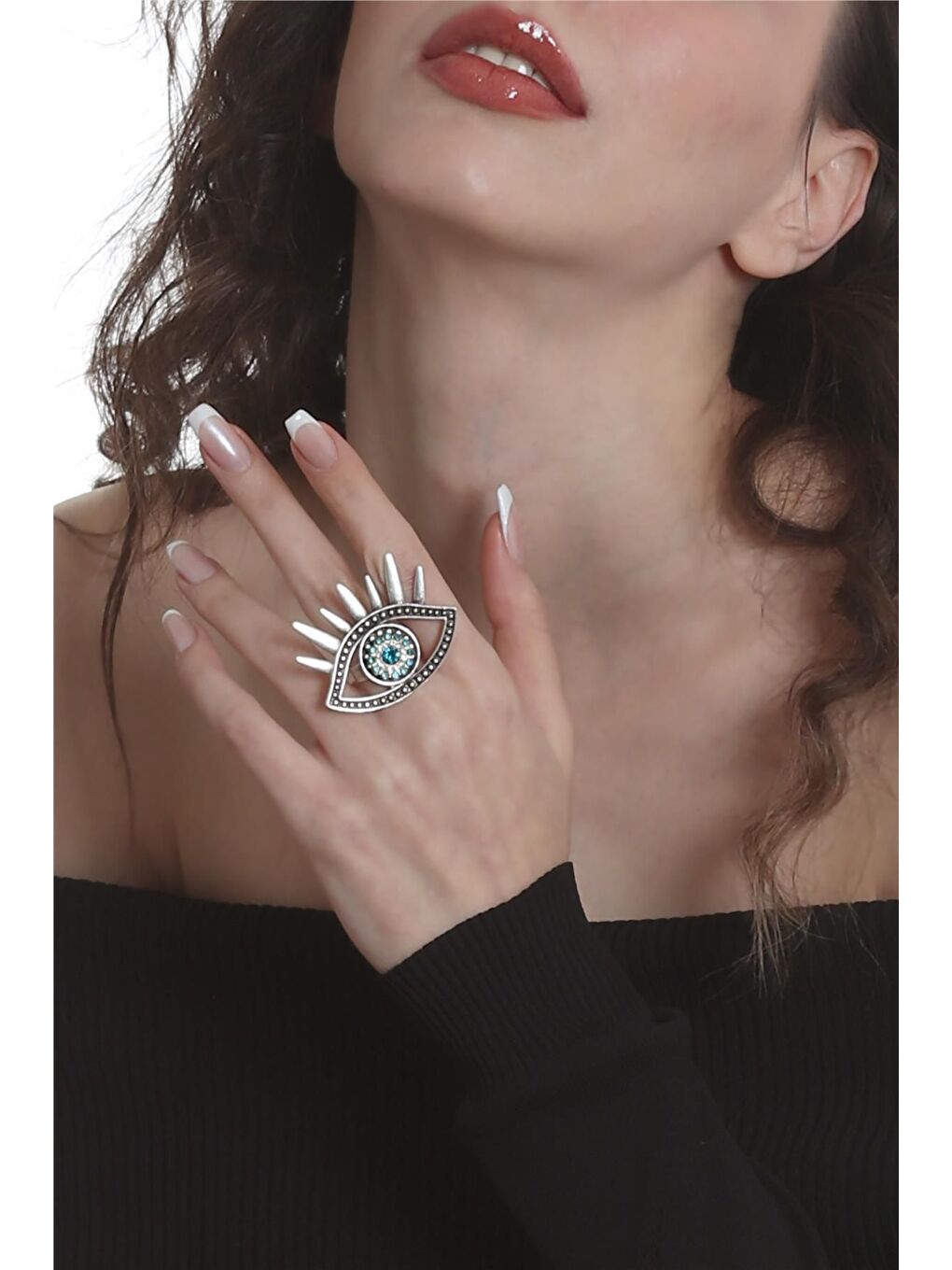 Gri Kadın Antik Gümüş Kaplama Renkli Taşlı Ayarlanabilir Büyük Göz Stilizesi Yüzük-2