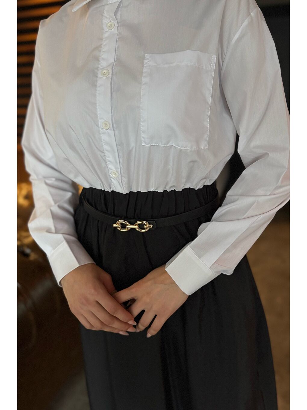 Siyah Cep Detaylı Kemerli Yazlık Tesettür Elbise-4