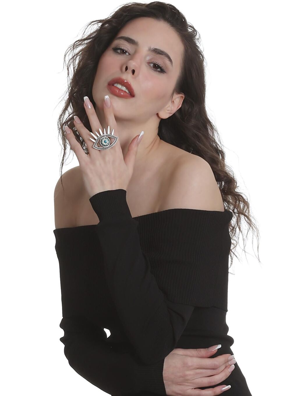 Gri Kadın Antik Gümüş Kaplama Renkli Taşlı Ayarlanabilir Büyük Göz Stilizesi Yüzük-5