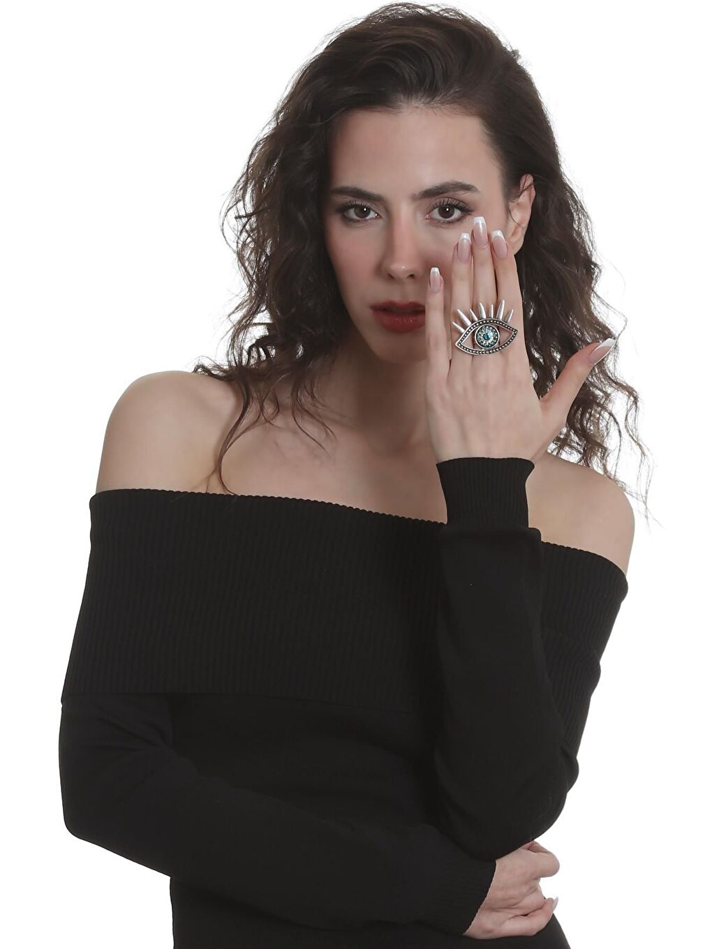 Gri Kadın Antik Gümüş Kaplama Renkli Taşlı Ayarlanabilir Büyük Göz Stilizesi Yüzük-6