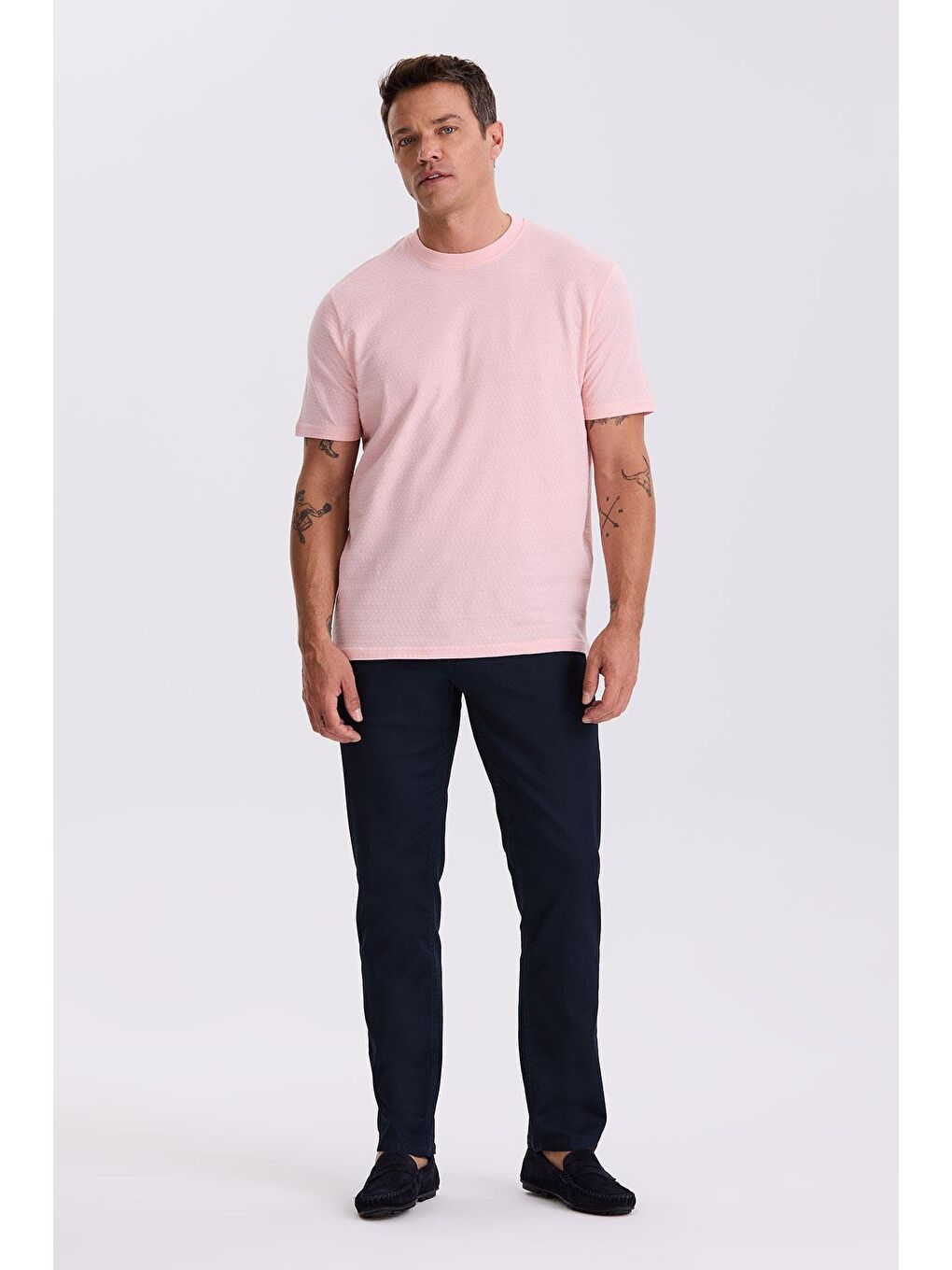 Pembe %100 Pamuk Desenli Bisiklet Yaka T-Shirt-1