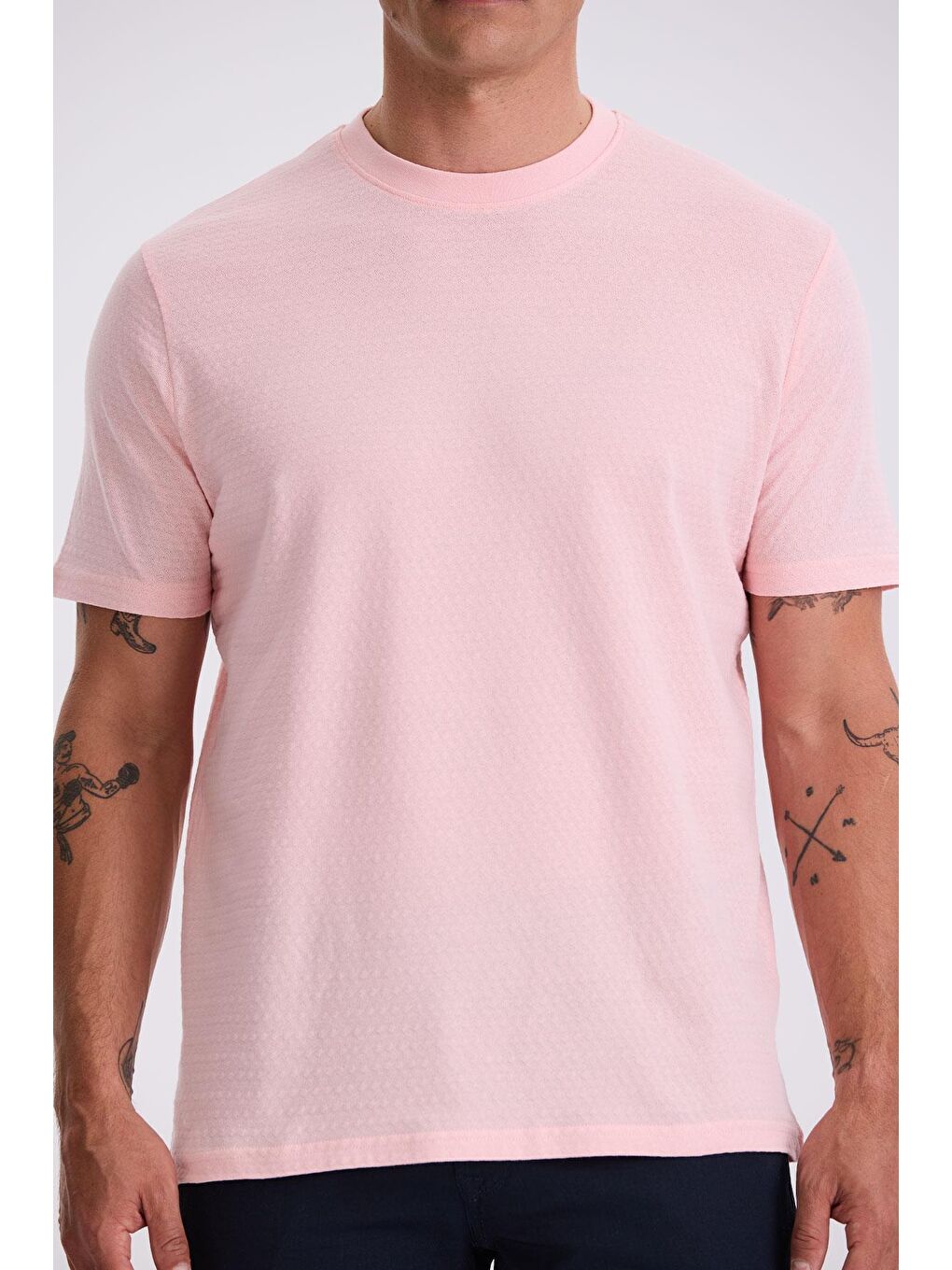 Pembe %100 Pamuk Desenli Bisiklet Yaka T-Shirt-2