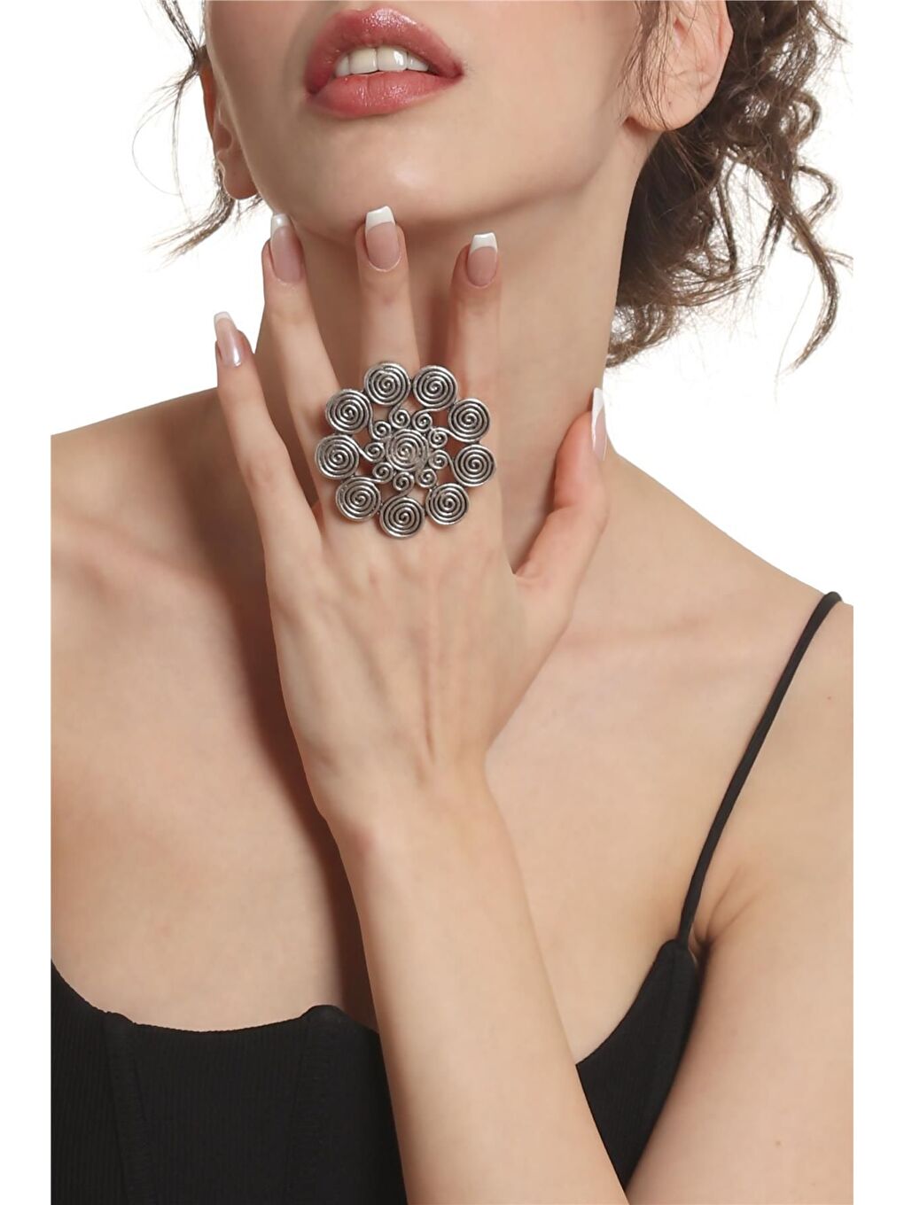 Gri Kadın Antik Gümüş Kaplama Ayarlanabilir Büyük Spiral Desen Baskılı Yüzük-2