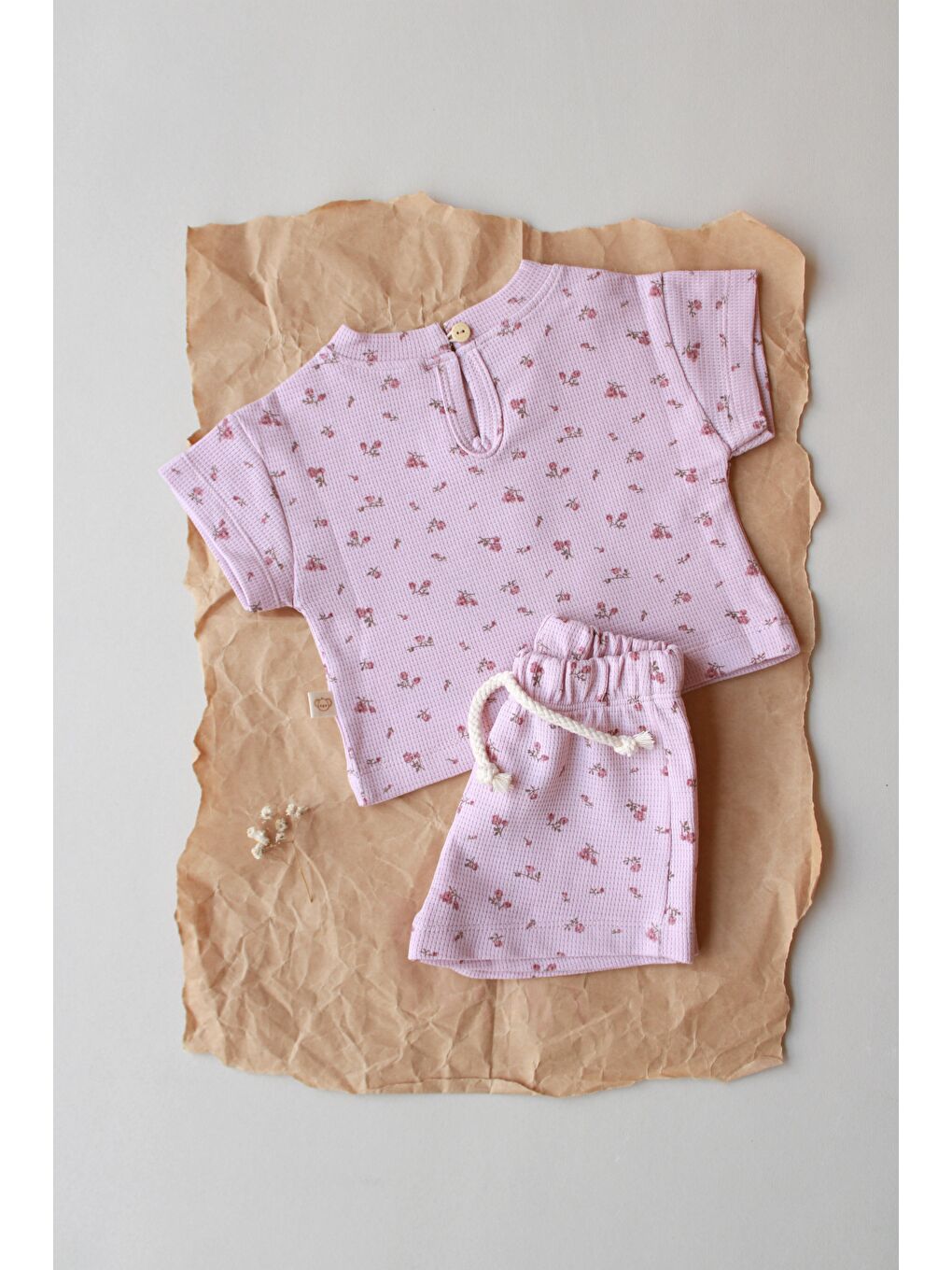 Pembe Çiçek Baskılı Waffle Şort Takım-4