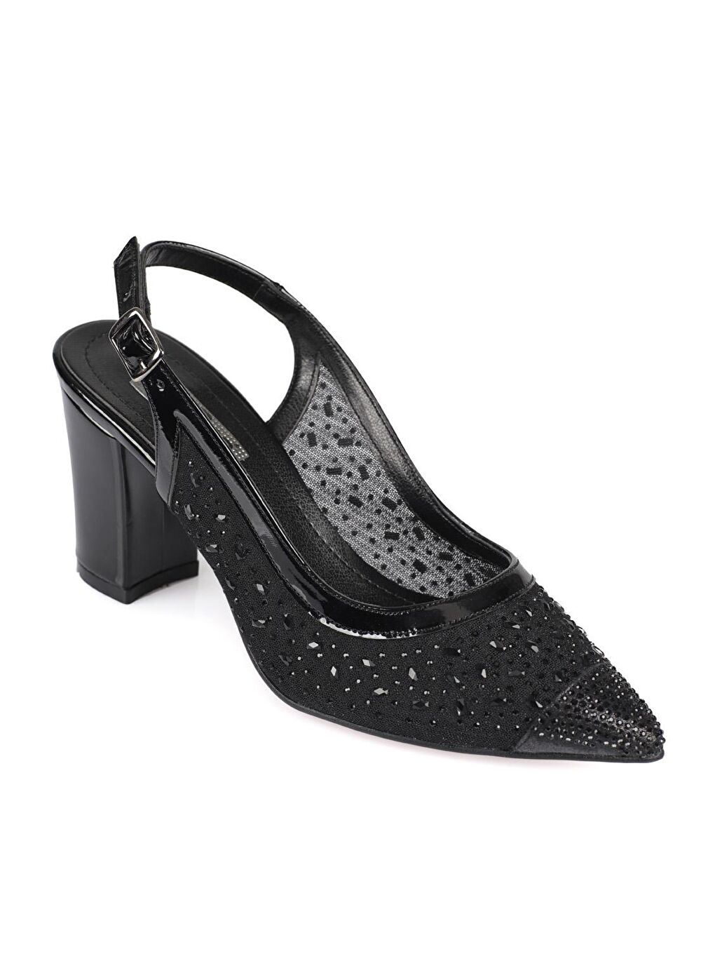 Siyah 145 Kadın Topuklu Taşlı Arkası Açık Ayakkabı-1