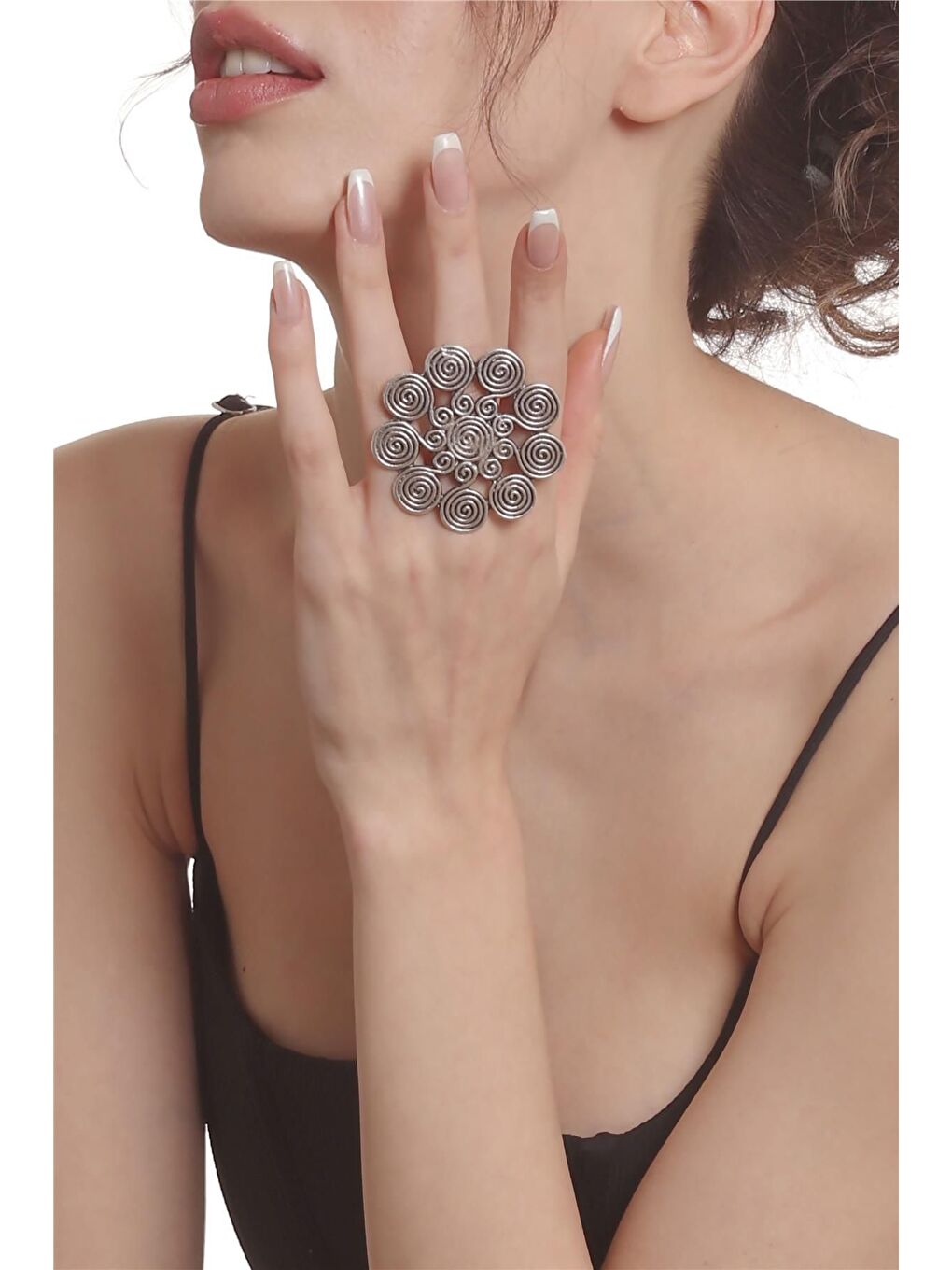 Gri Kadın Antik Gümüş Kaplama Ayarlanabilir Büyük Spiral Desen Baskılı Yüzük-3