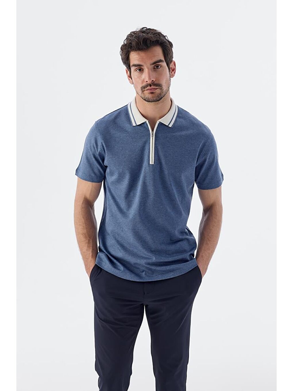 Mavi Slim Fit Fermuarlı %100 Pamuk Polo Yaka T-Shirt-1