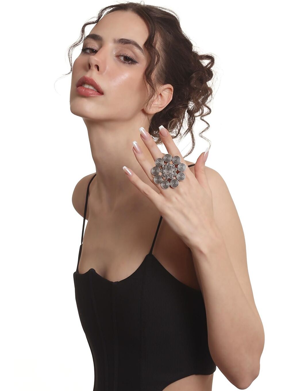 Gri Kadın Antik Gümüş Kaplama Ayarlanabilir Büyük Spiral Desen Baskılı Yüzük-5