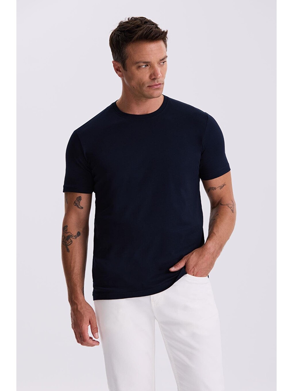 Lacivert %100 Pamuk Slim Fit Bisiklet Yaka Basic Tişört