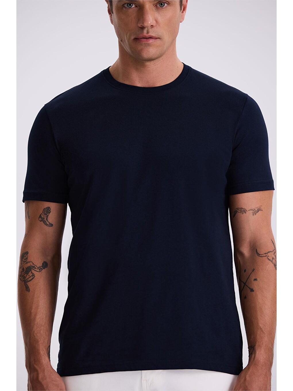 Lacivert %100 Pamuk Slim Fit Bisiklet Yaka Basic Tişört-2