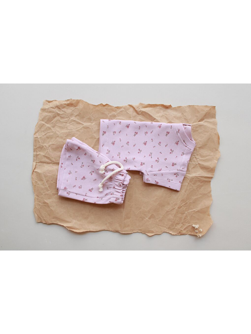 Pembe Çiçek Baskılı Waffle Şort Takım-6