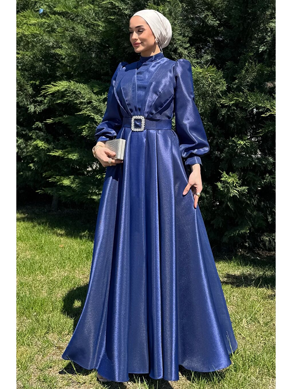 İndigo Kadın Ön Drapeli Omuz Detaylı Bel Taşlı Kuşaklı Prenses Model Tesettür-3