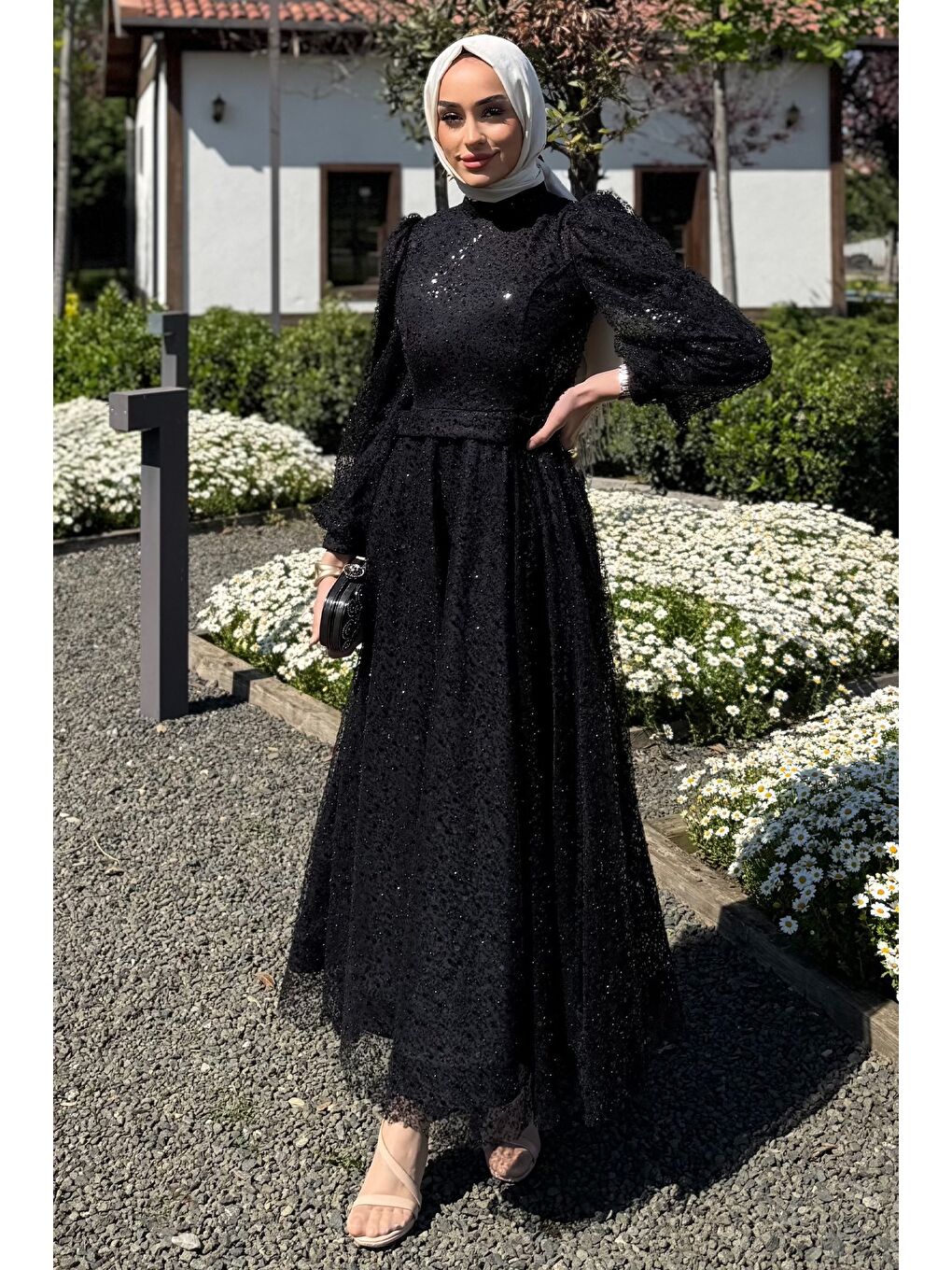 Siyah Kadın Tüllü Pul Payet Boncuk İşlemeli Tesettür Abiye-3
