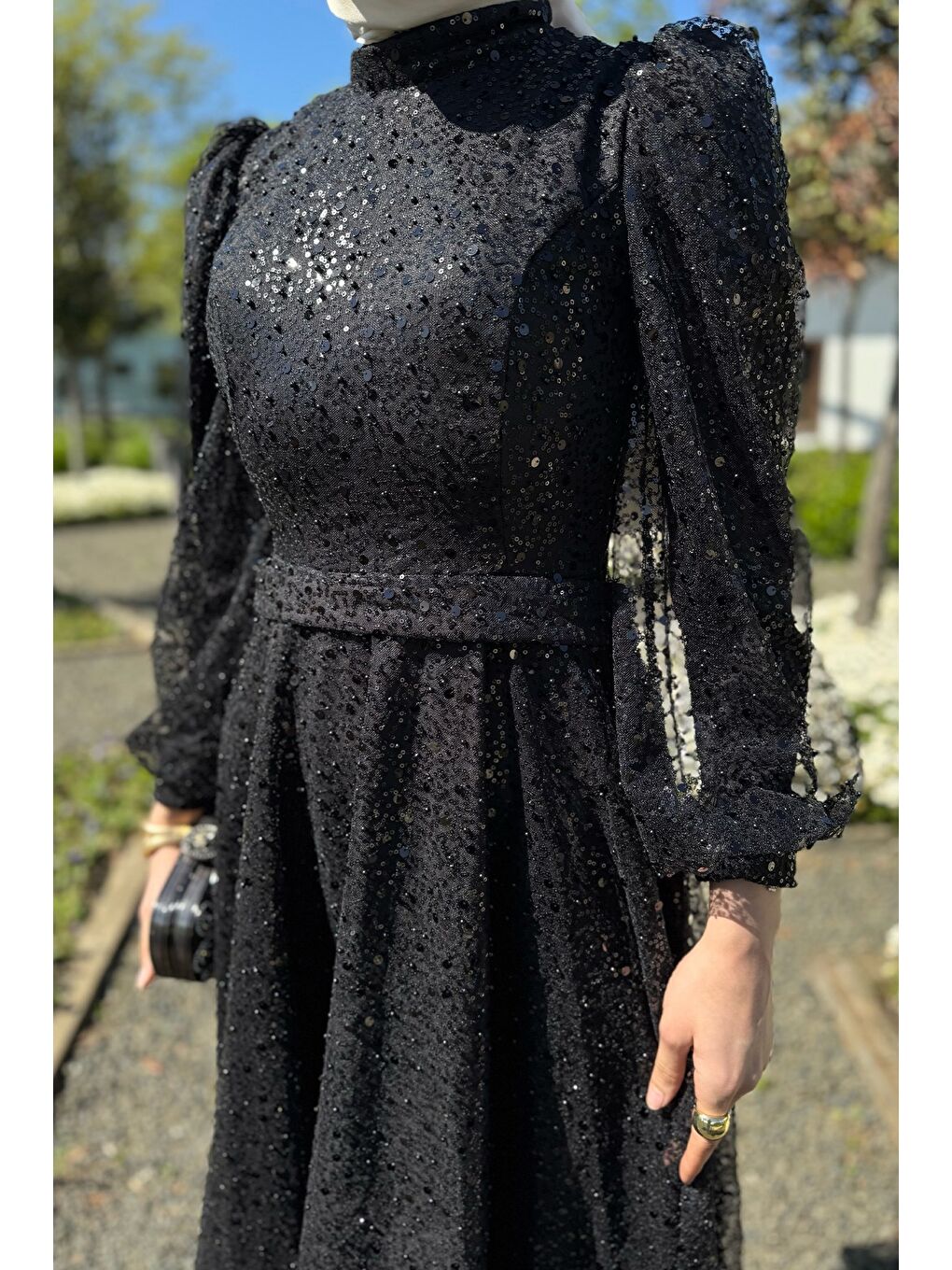 Siyah Kadın Tüllü Pul Payet Boncuk İşlemeli Tesettür Abiye-4