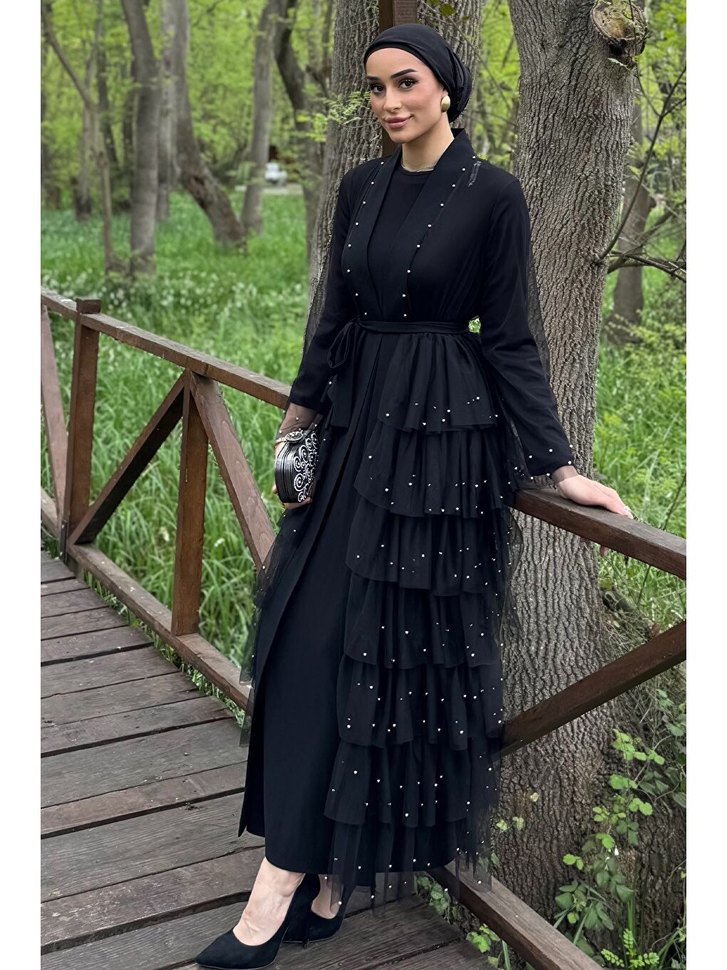 Siyah Kadın Tüllü İnci İşlemeli Bel Kuşak Detaylı İkili Abiye Takım-2